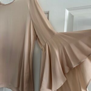 Milly Tan Asymmetrical Ruffled Bell Sleeve Blouse